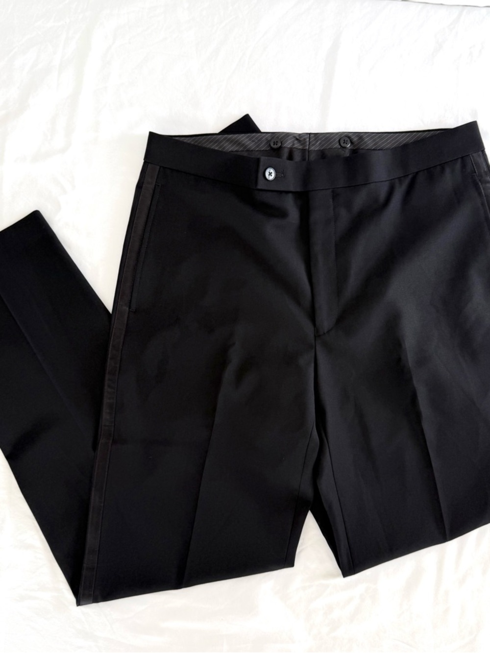Calvin Klein Slim Fit Tuxedo Dress Pants 33x32 Black 100% Wool Satin Stripe